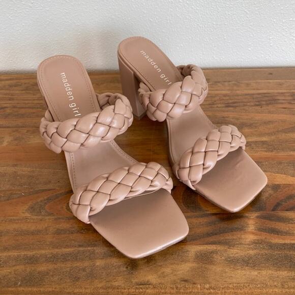 Madden Girl Shoes - Madden Girl Tan Braided Chunky Heel Sandals - Size 8.5